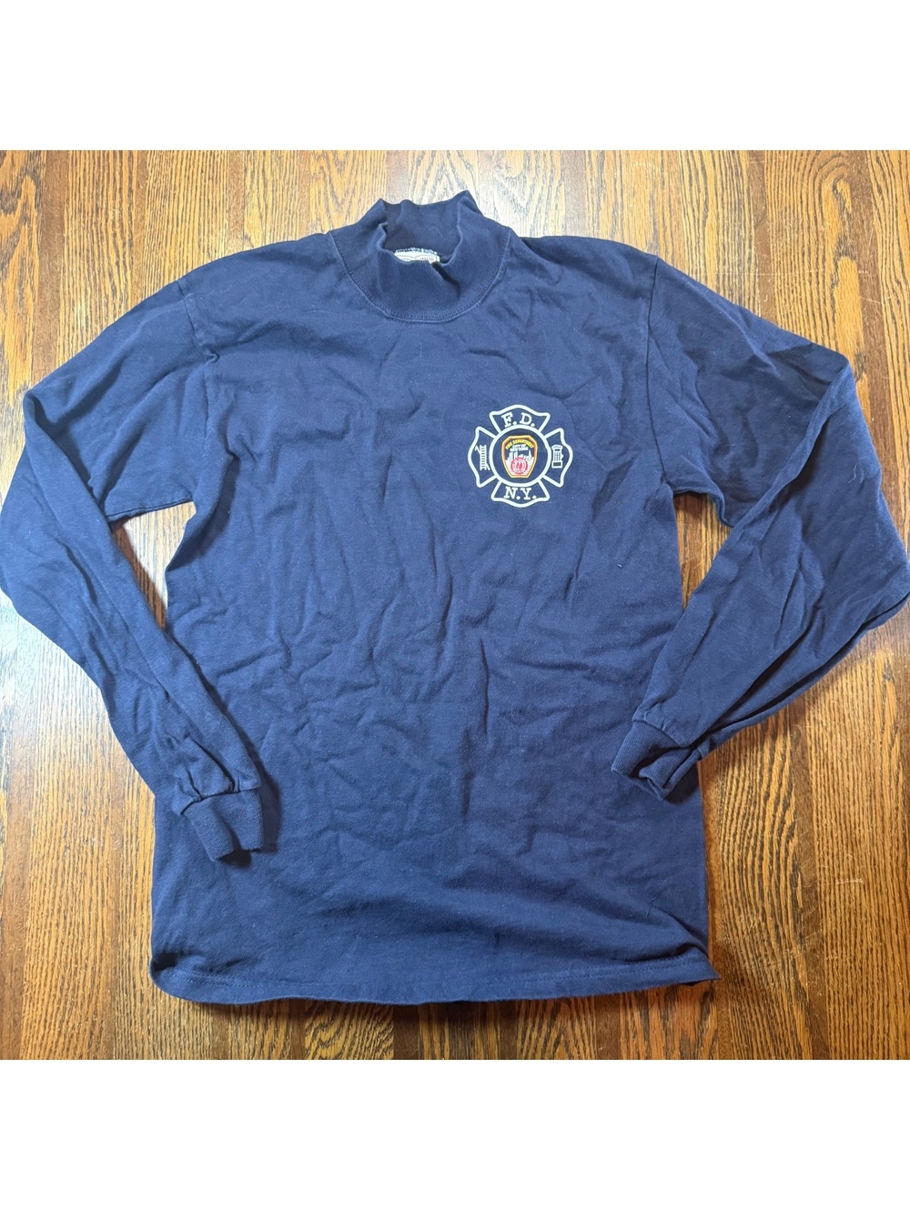 Vintage FDNY Fire Dept New York Mock Neck Long Sleeve Shirt Blue size Small